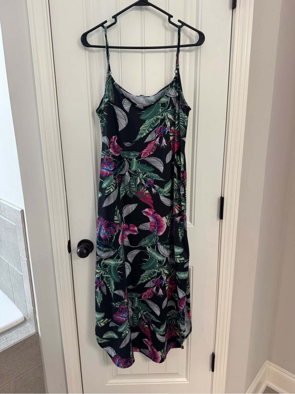 Tropical Print Slip Dress - Black with Green & Pink Floral